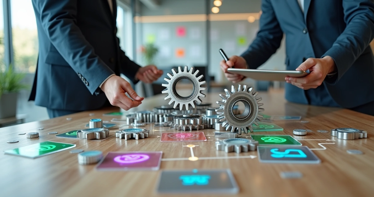 Profissionais conectando peças de engrenagem a ícones de canais digitais integrados