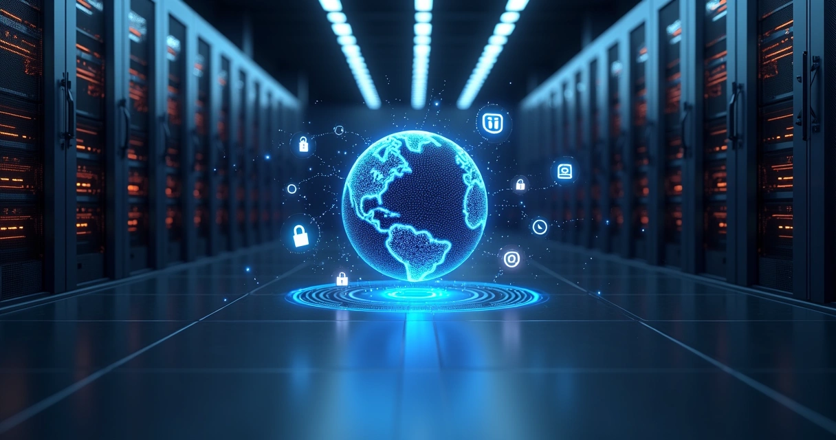 Sala de servidores com hologramas de canais digitais integrados