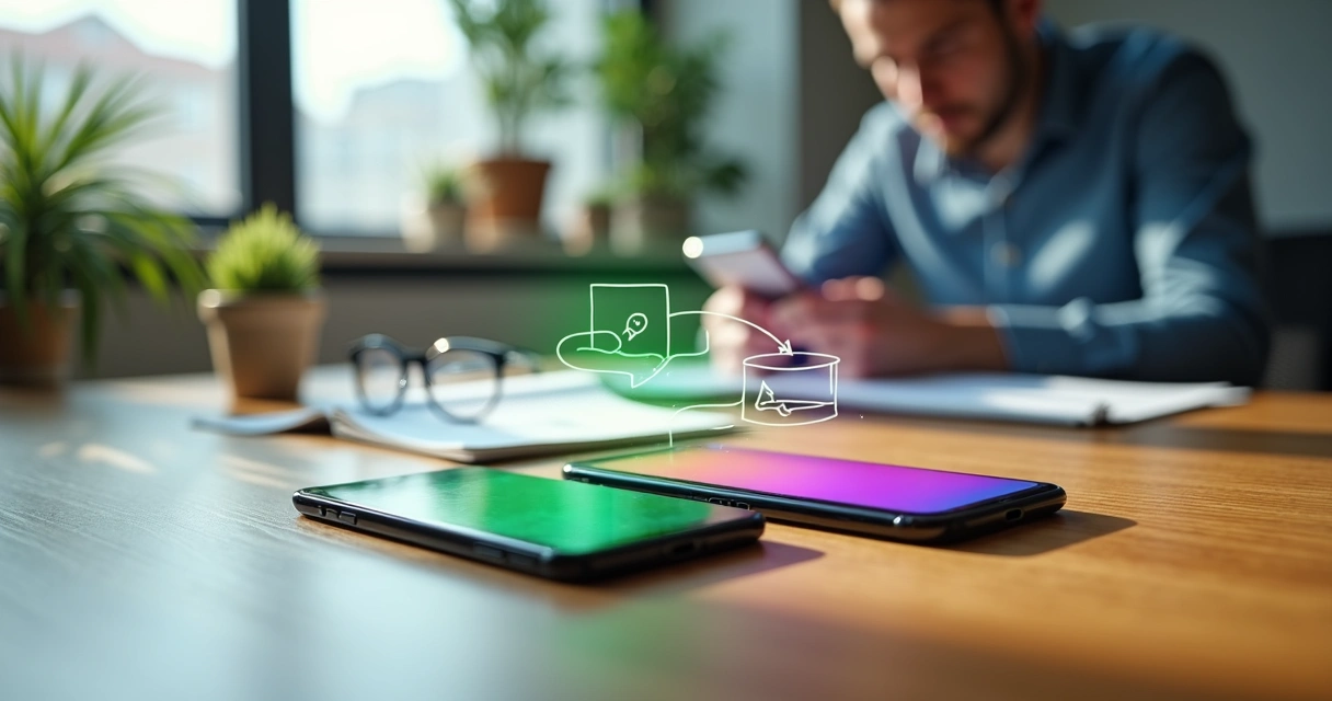 Mesa de trabalho com dois smartphones mostrando WhatsApp e Instagram conectados em um só fluxo de atendimento
