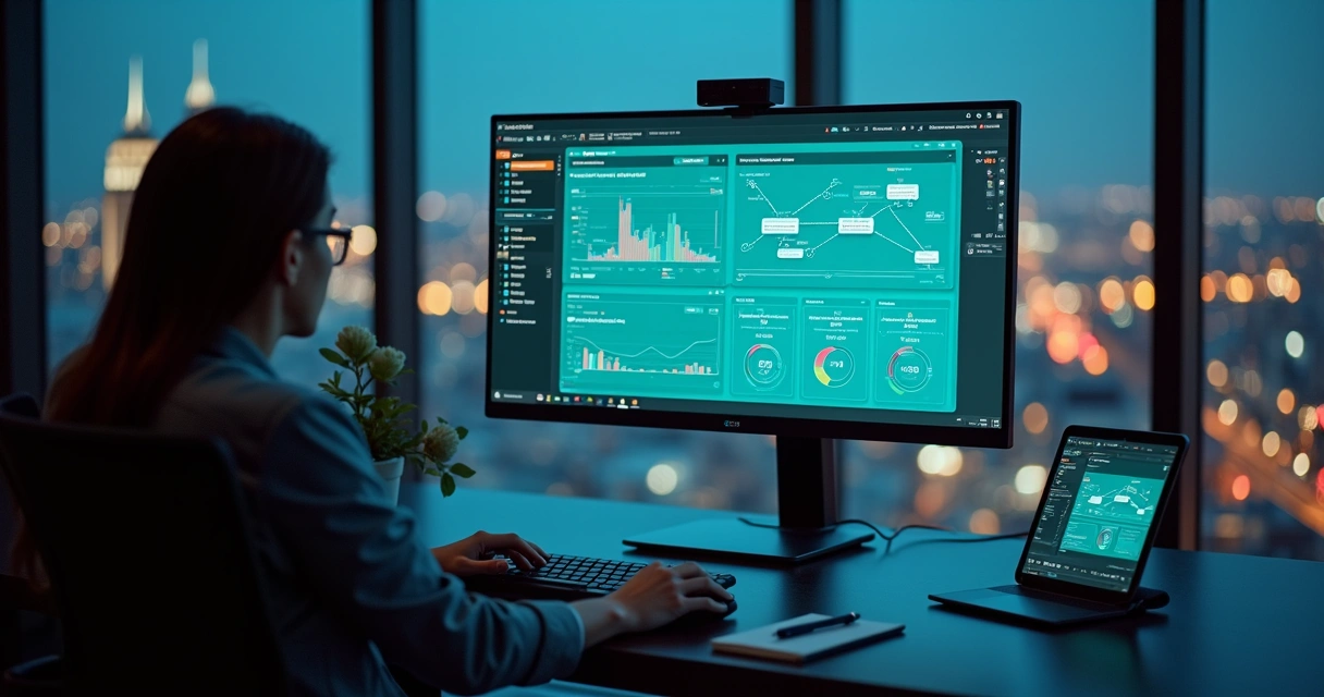 Profissional analisando painel de site com automações e gráficos de desempenho