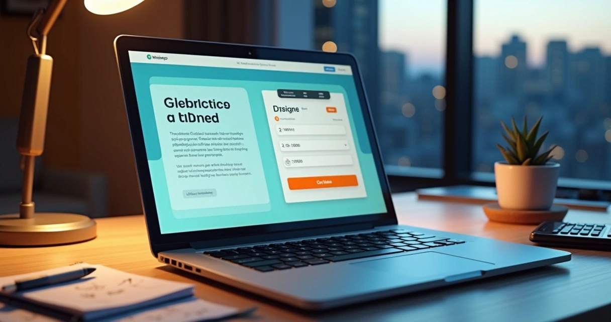Tela de notebook exibindo landing page com calculadora interativa de resultados de negócio
