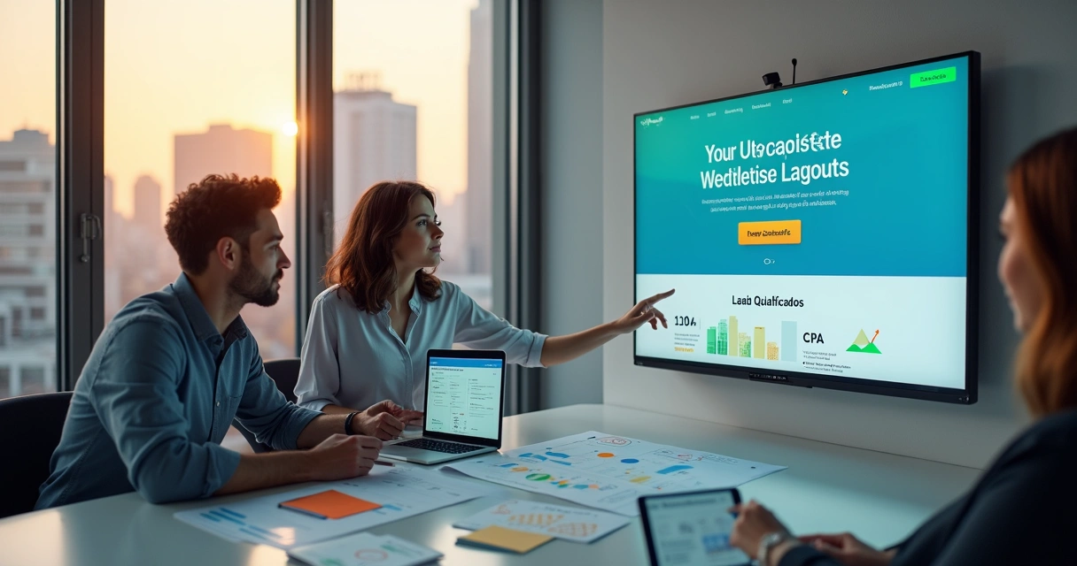 Equipe de marketing colaborando em frente a grande tela com layout de landing page