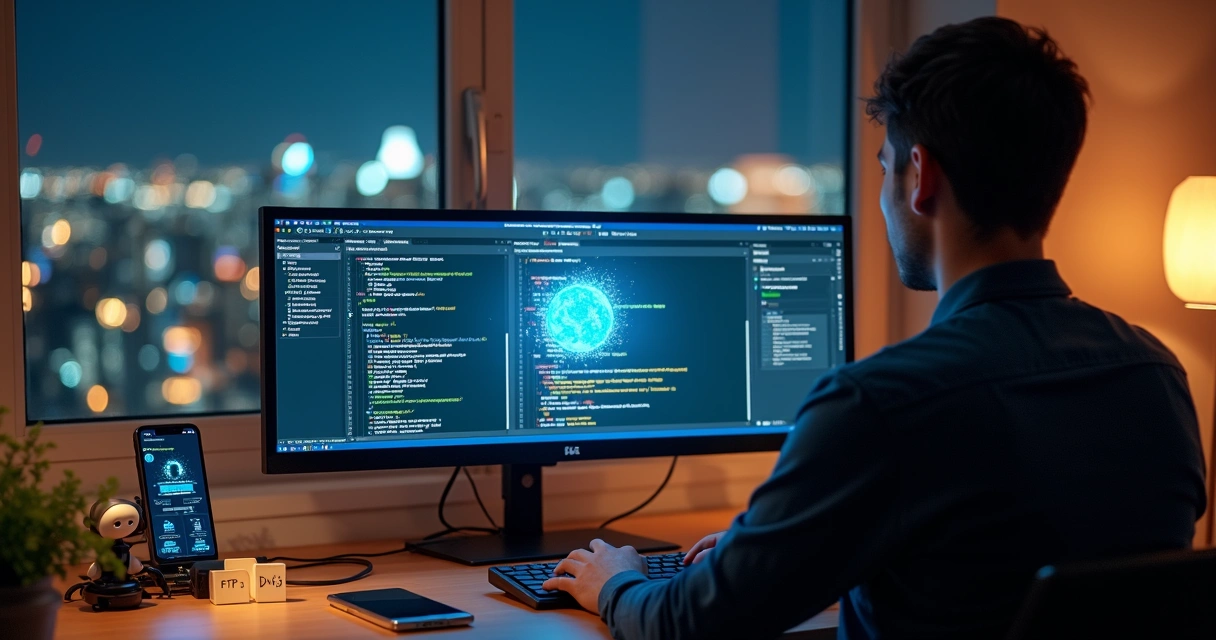 Profissional ajustando código de site em tela com robô assistente ao lado