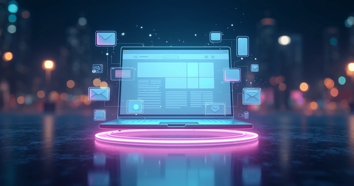 Página de site flutuando conectada a vários ícones de canais digitais por linhas de luz