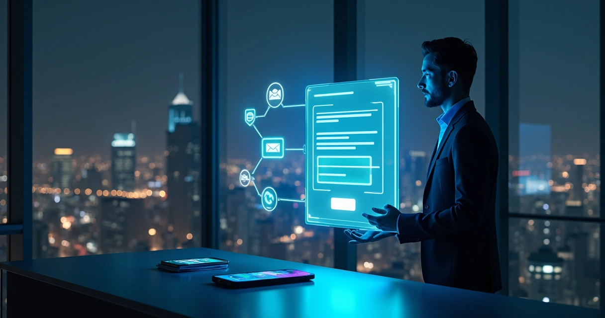 Empresário tocando painel holográfico de landing page com fluxos de leads