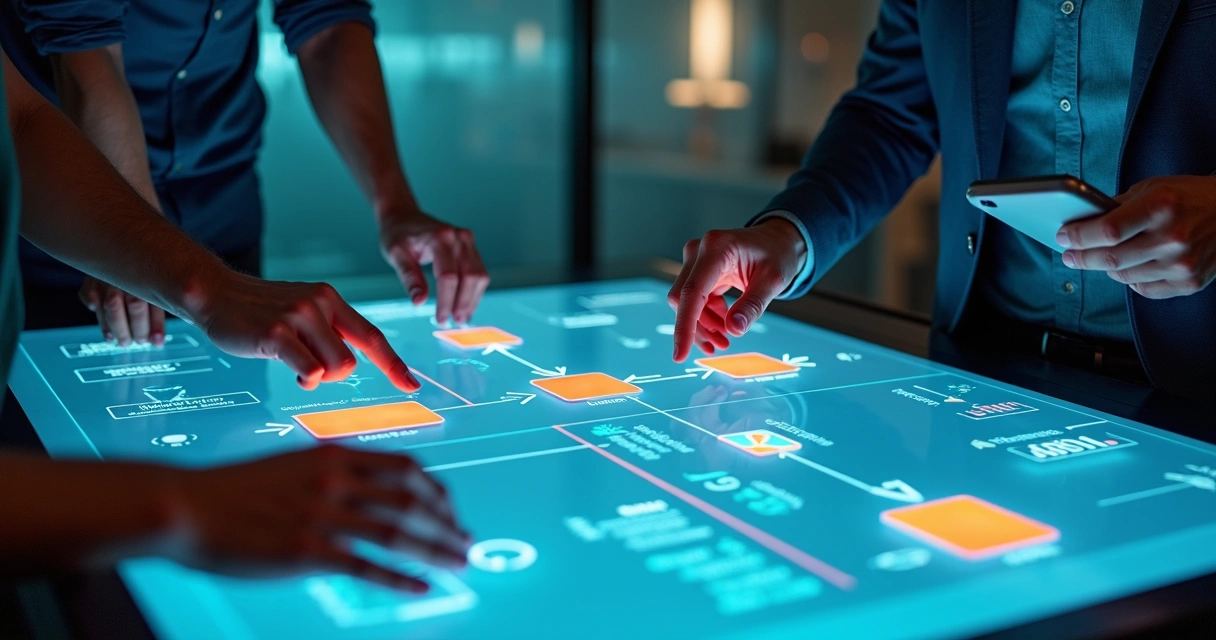 Time avaliando fluxo de MVP digital em quadro virtual colaborativo