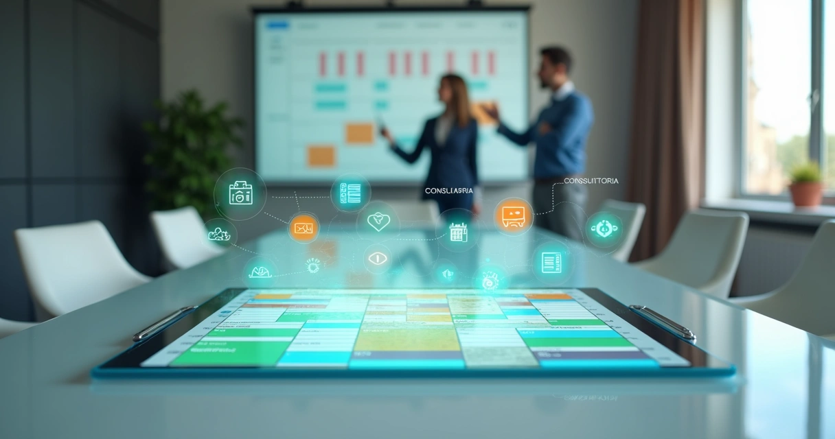 Painel de agenda digital com ícones de canais conectados e reservas organizadas