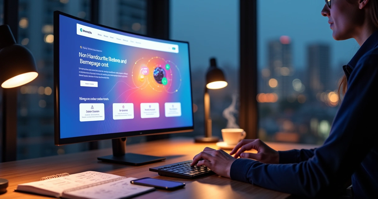 Profissional cria landing page com assistente de IA em tela grande de computador