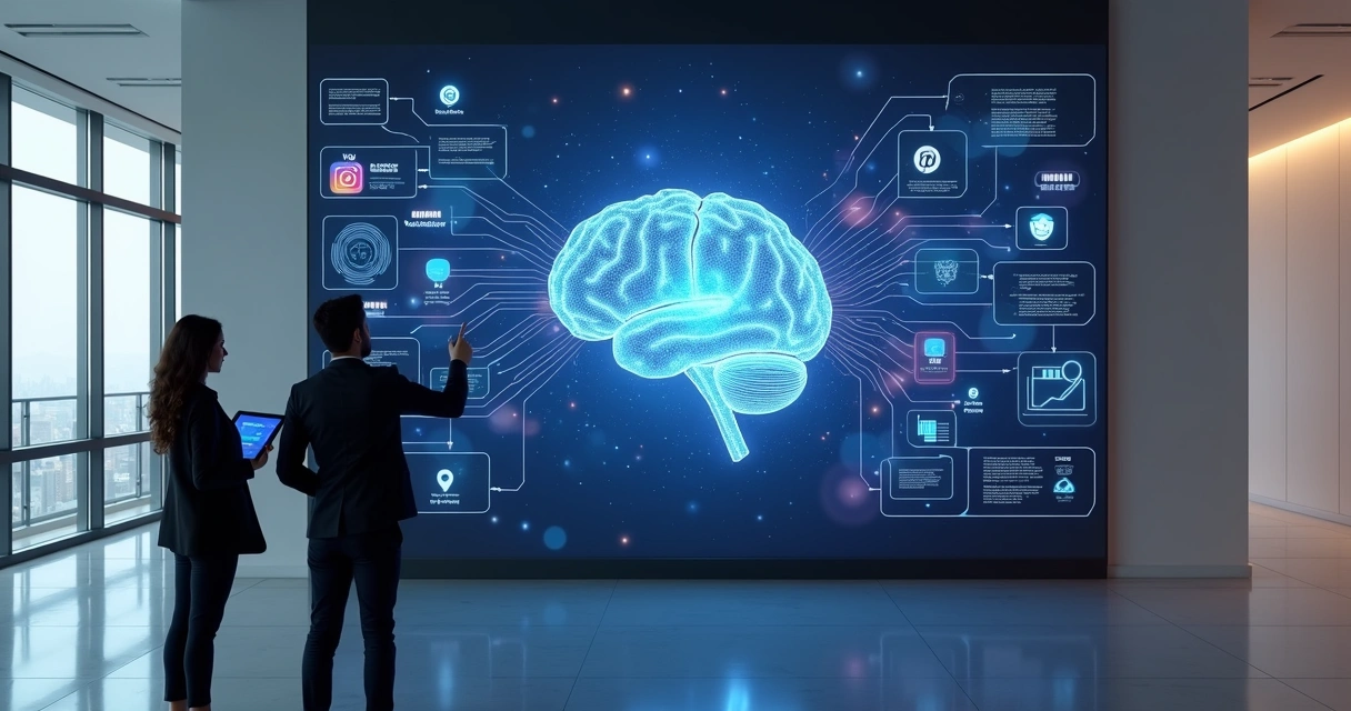 Mural digital com ícones de canais de atendimento conectados por inteligência artificial