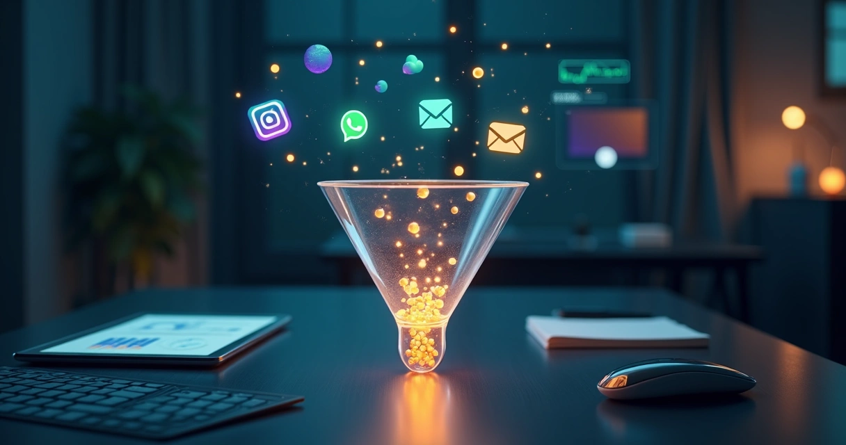 Representação visual de funil de vendas automatizado com leads fluindo entre canais digitais