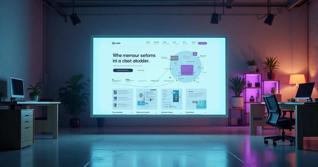 Interface de IA montando automaticamente o layout de um site profissional em um painel gigante