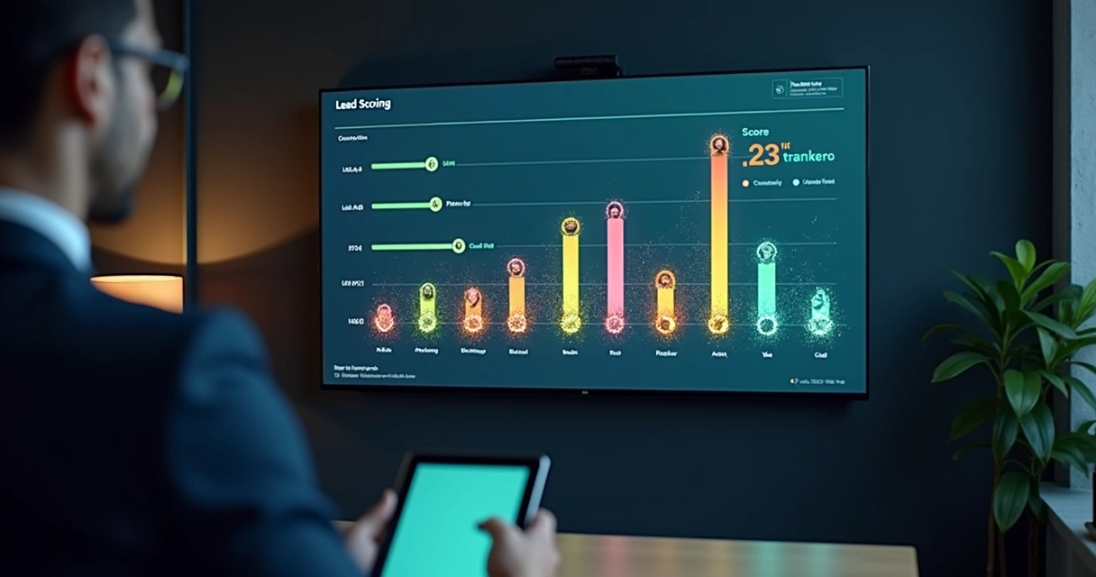Painel digital colorido exibindo pontuações de lead scoring e prioridades de contato