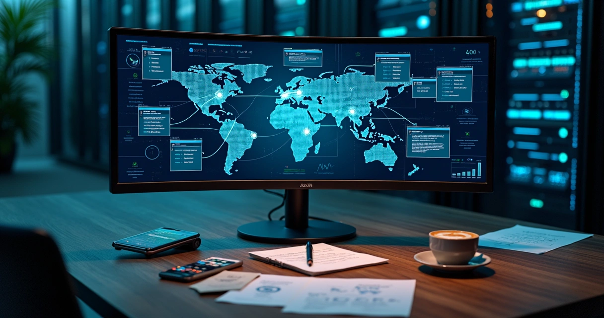 Painel administrativo digital visto de cima organizado como mapa de canais conectados