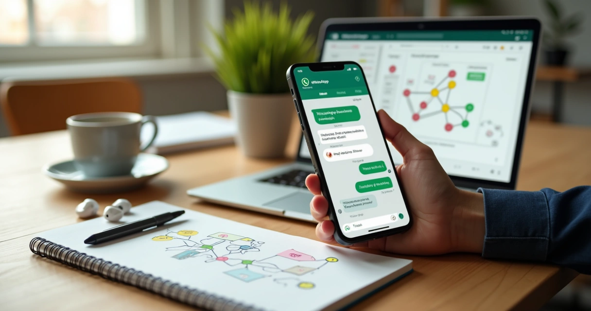 Profissional de vendas usando WhatsApp no smartphone conectado ao notebook em mesa de escritório moderna